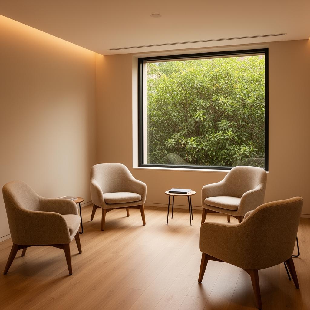 Calm counseling room with comfortable chairs and a window facing greenery