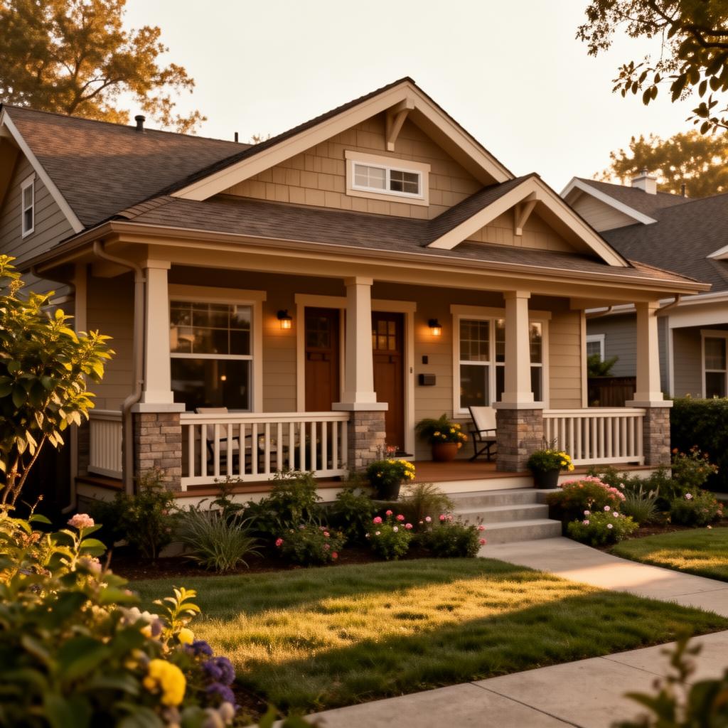 Welcoming craftsman recovery home with a tidy front garden at golden hour