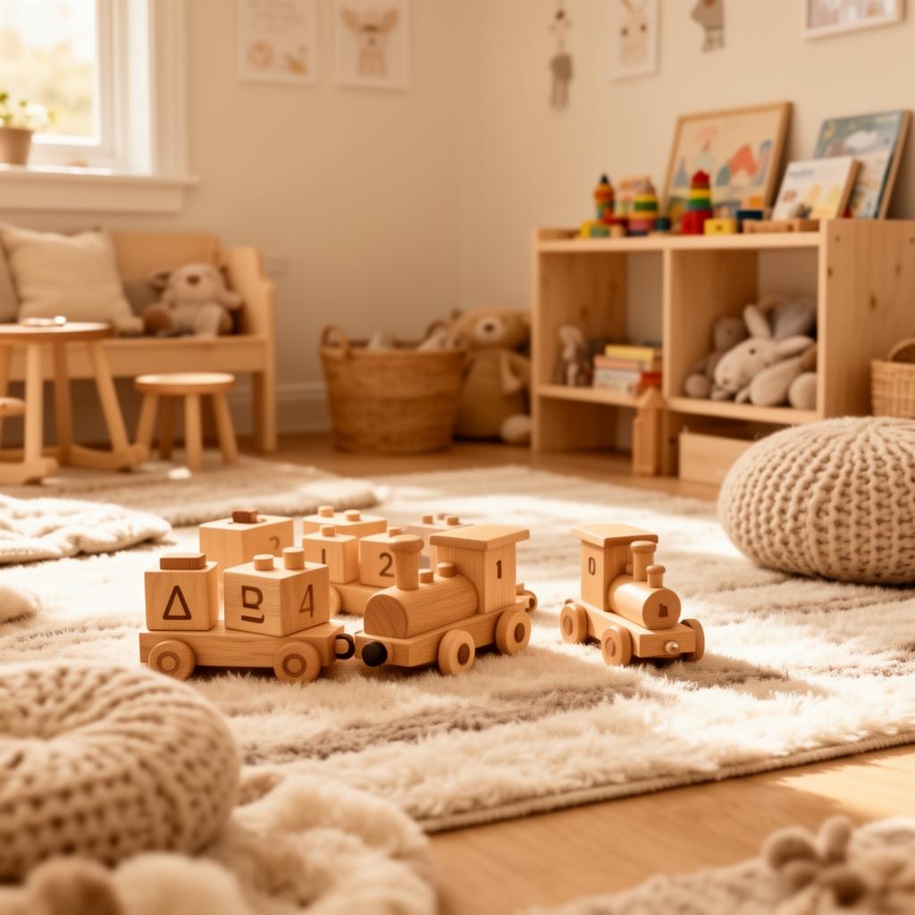 Warm children's play area with natural wooden toys inside a family recovery home